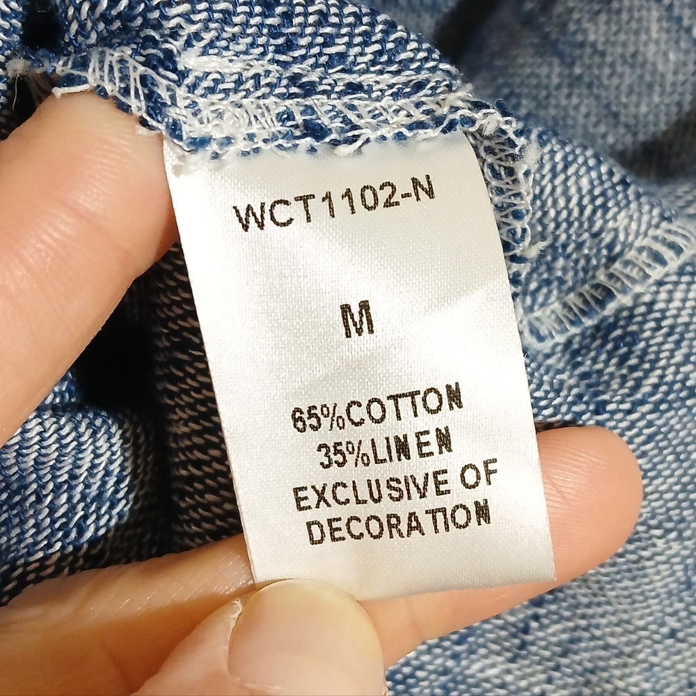 THML Blue Embroidered Boho Blouse Medium Linen Blend Lace Trim - Picture 6 of 9